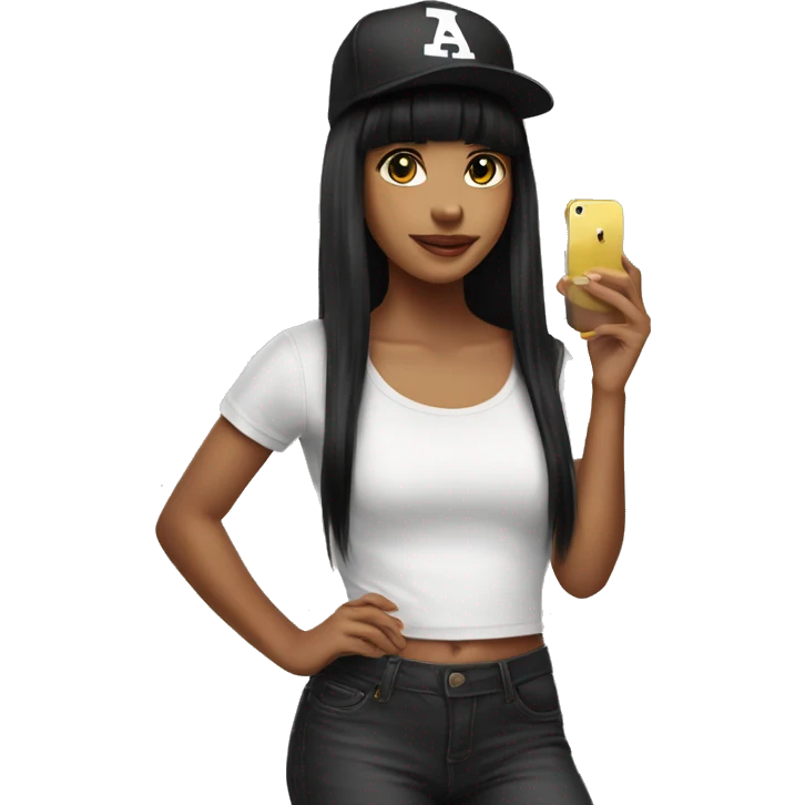 Girl with black hair and bangs wearing snap back cat with iPhone in hang emoji
