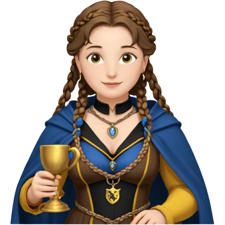 Helga Hufflepuff, blue eyes, brown-haired, two brown braids, yellow-black medieval dress, black cloak decorated with gold braiding, tiny gold cup with two handles, very kind smile, curvy busty sweet woman, macromastia, thick round rosy cheeks, gold pendant with round black stone emoji