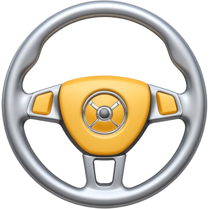 A futuristic steering wheel emoji made of silver chrome, minimal geometric design, smooth metallic surface, soft reflections, iOS emoji style, centered, clean white background emoji