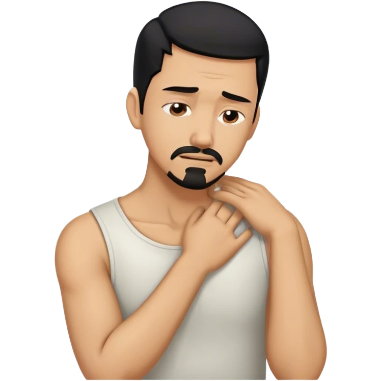 Man with black hair and goatee holding neck bent over in pain emoji