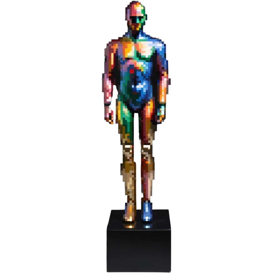 A paintbrush transforming into a metallic human silhouette sculpture, with museum-like display pedestal, symbol of artistic identity emoji