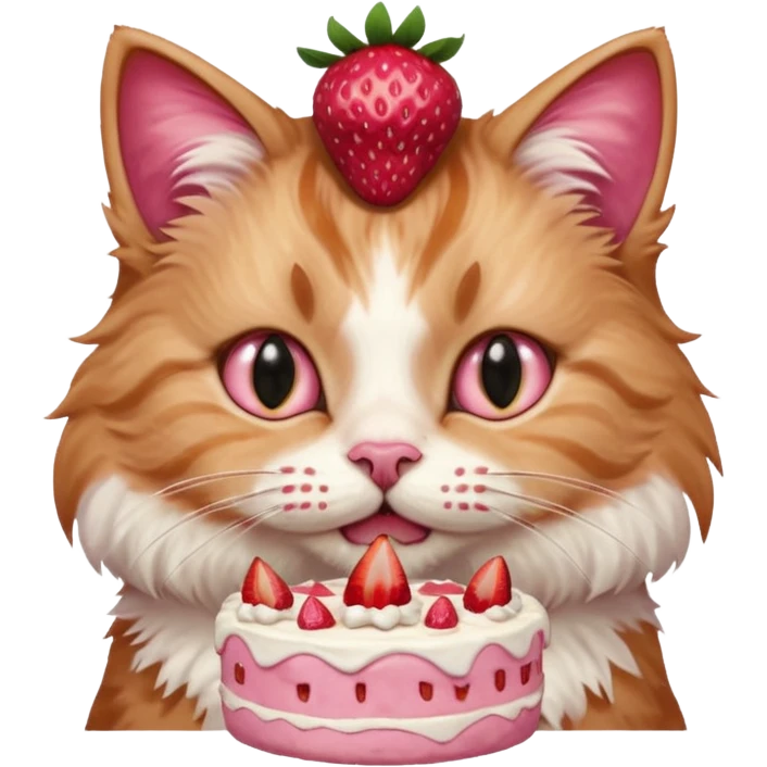 Close-up portrait of a fluffy cat eating a strawberry cake, pink cream on its nose and whiskers, detailed fur texture, soft natural light, shallow depth of field, high resolution, cute and candid moment
 emoji