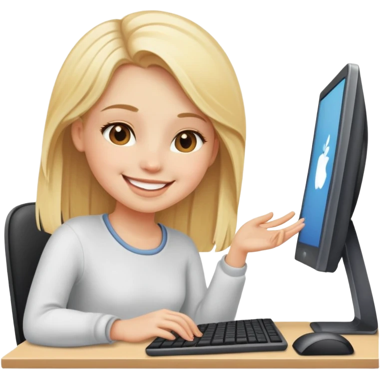 Blonde girl at computer smiling emoji