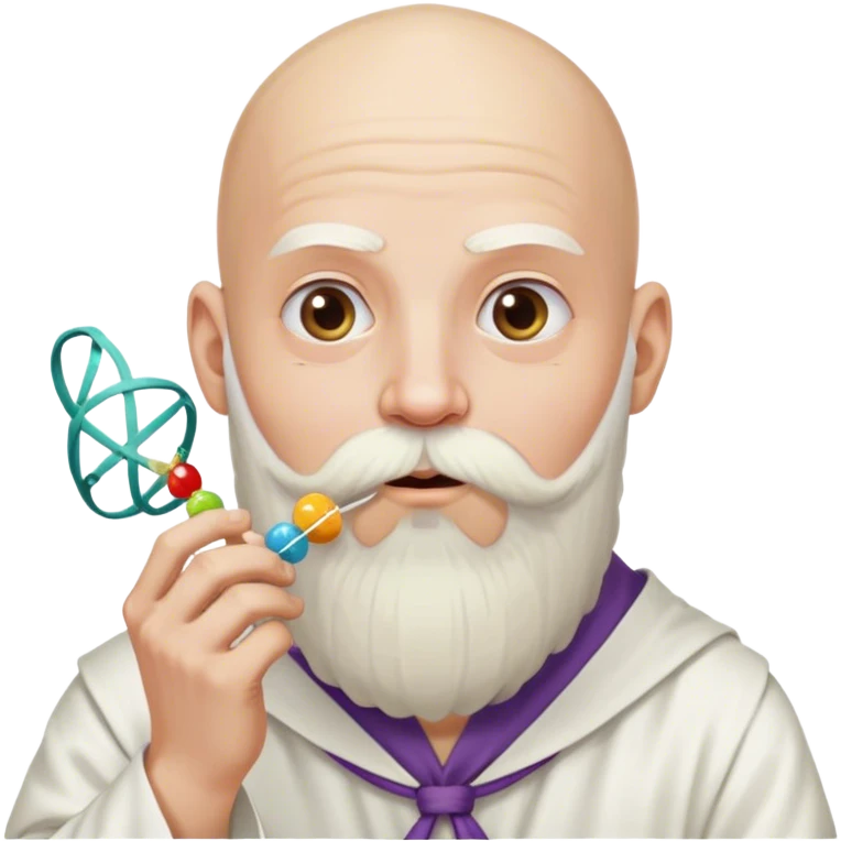 completely bald guy, with a long, white wizard beard tied down in a hair tie, eating a strand of dna emoji