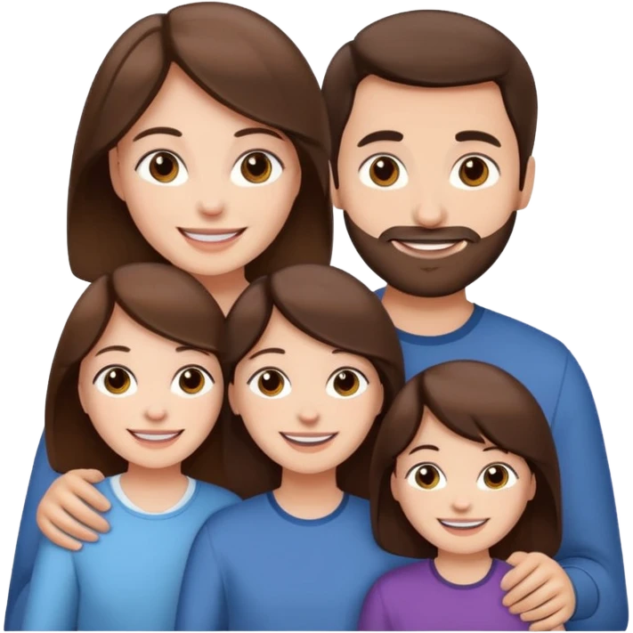 happy pale white  four person family with one brown hair dad, one brown hair mom, one dark brown girl, and one brown hair girl emoji