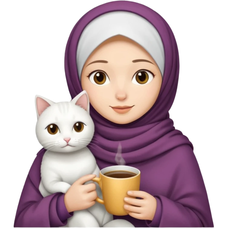 hijap bayan elinde kahve ve battaniyesi ve kucagında beyaz kedi emoji