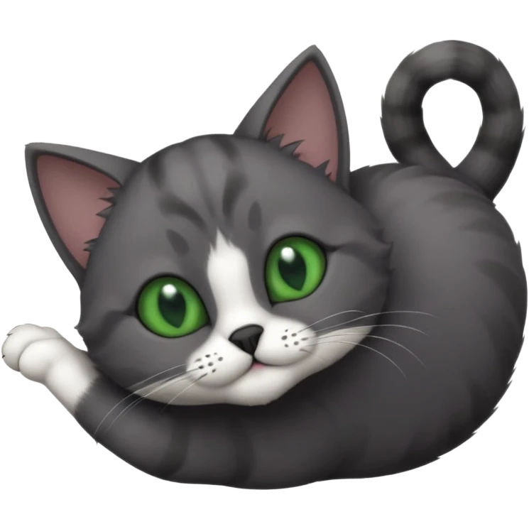solid dark grey cat with green eyes, completely solid grey face, white toes/paws playing rolling upside down emoji