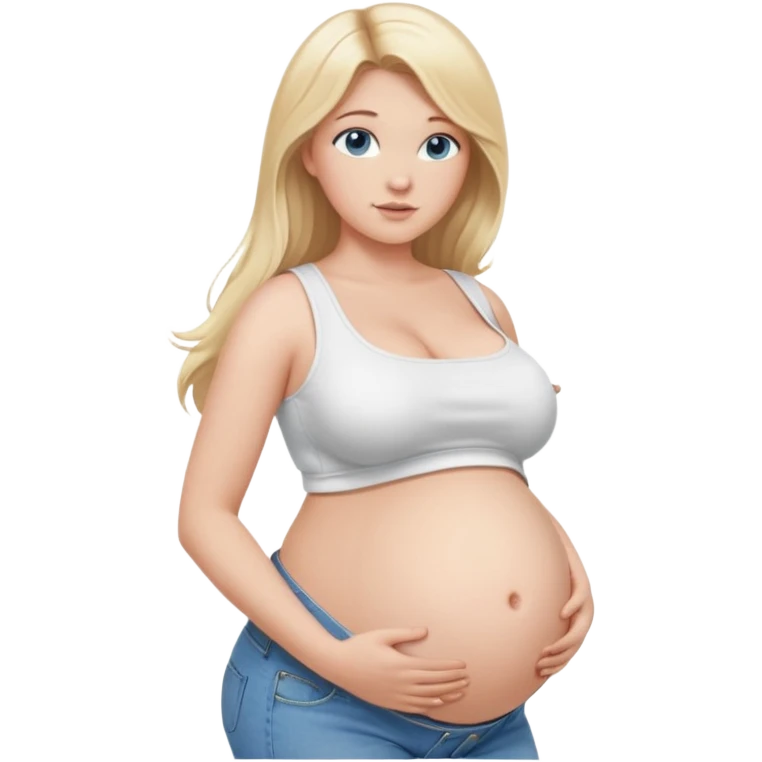 White girl, 18, long blonde hair, blue eyes, white crop top, jeans, huge pregnant belly, big boobs, side view, voluptuous, bare midriff. emoji