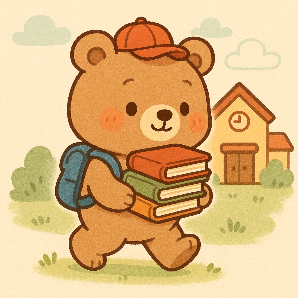 cute bear carrying books, on its way to school, cute style emoji