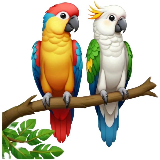 Close-up of colorful parrots Ara and Cockatoo Inca perched on tree branches, surrounded by lush greenery. Bright, vivid feathers contrast with the natural background of trees, leaves, fruits. Soft natural light, enhancing vibrant colors. Transparent background. emoji
