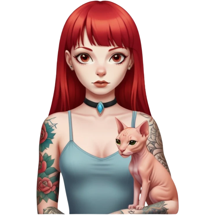 “A girl with long straight red hair and straight bangs, tattoos on her body, and a Sphynx emoji