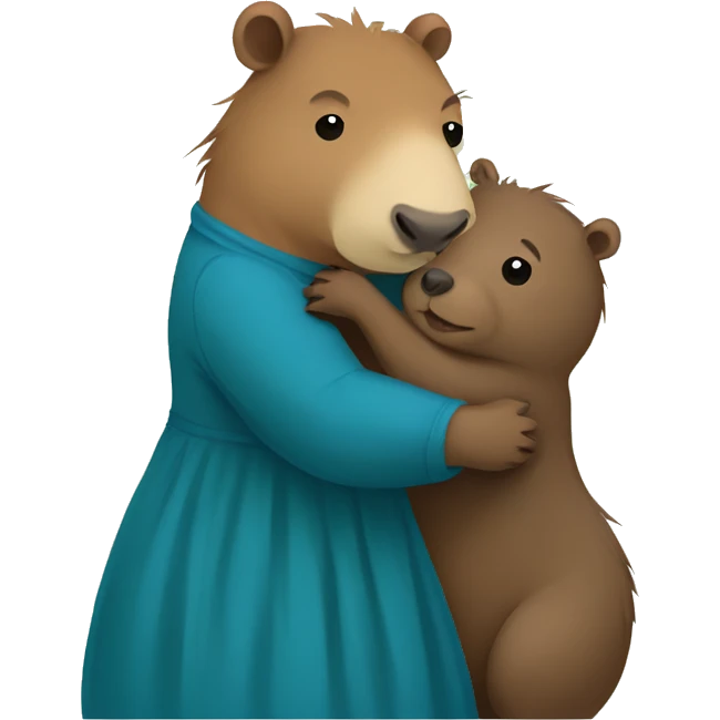 a capybara and bear hugging. the capybara is wearing a green dress and the bear is wearing a blue dress. emoji