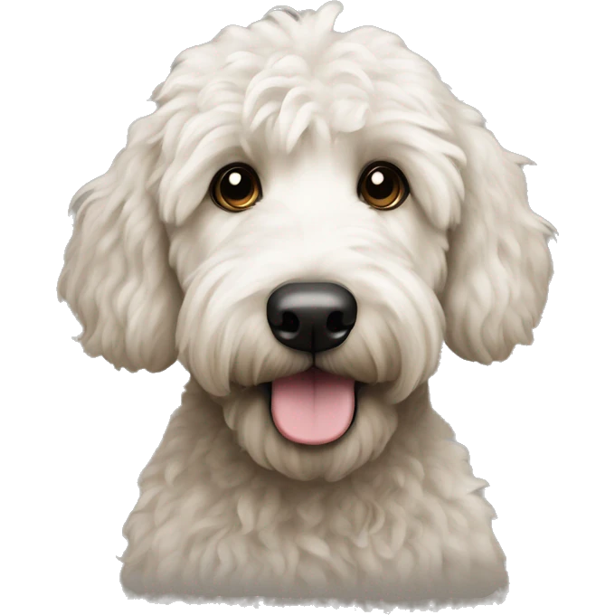 Black golden doodle with a white belly and dark eyes emoji