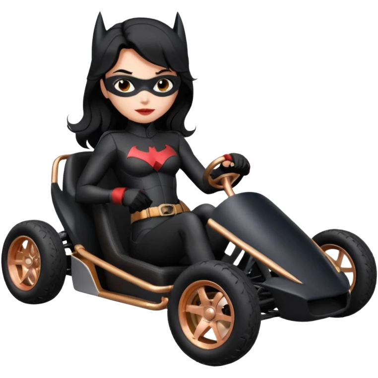 Hot full size real size-appearance electric racing action sexy BatWoman’s feminine midnight-colored tight outfit sixty’s tv show 1992 dark stealthy sporty safe plush petite off-road pursuit cruiser car rose gold accents (black hair,reclined and relaxed torso and shoulders seating position) go kart  emoji