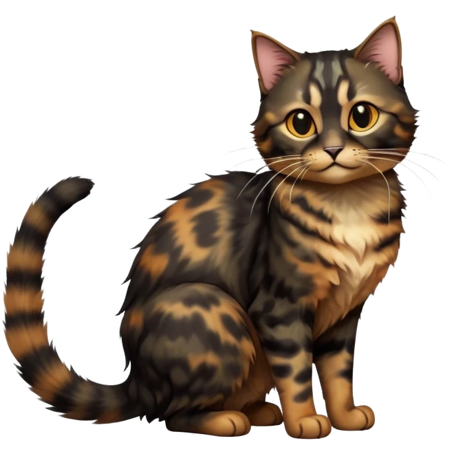 cinematic-[tortoiseshell tabby cat]-realistic-full-body-sitting-emoji,-tail-curled-playfully-around-its-paws,-head-tilted-dramatically,-scruffy-[dark black tortoiseshell coloured]-fur,-simplified-yet-realistic-focused-features,-highly-detailed,-glowing-with-an-almost-sarcastic-glow emoji