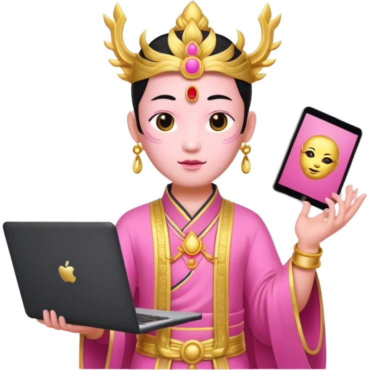 chinese god with laptop, pink emoji