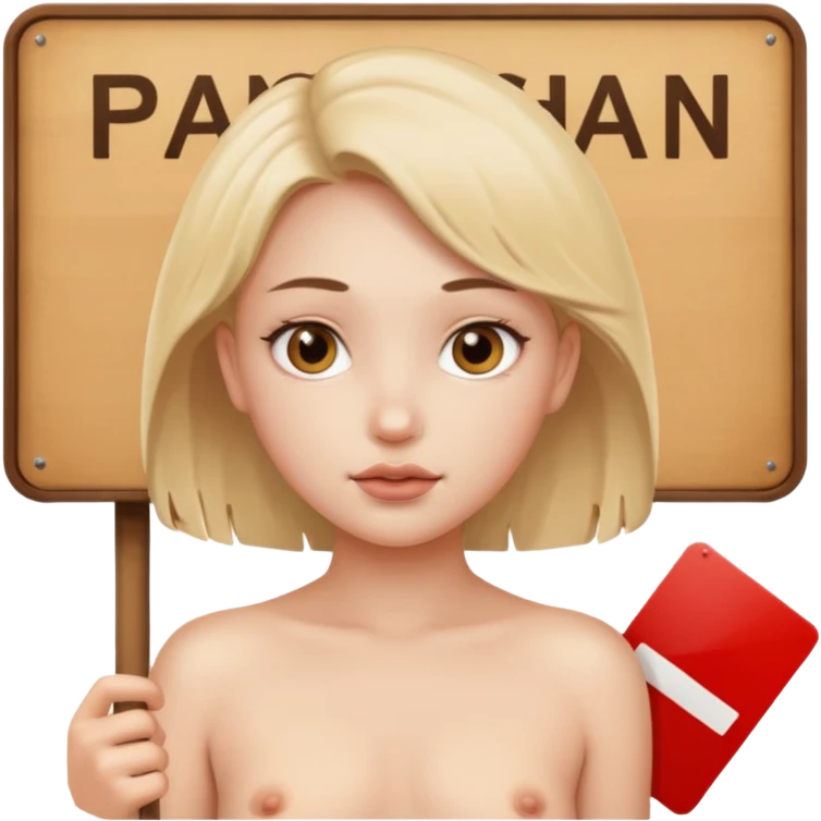 Полностью голая девушка без одежды держит табличку с надписью Panchan emoji