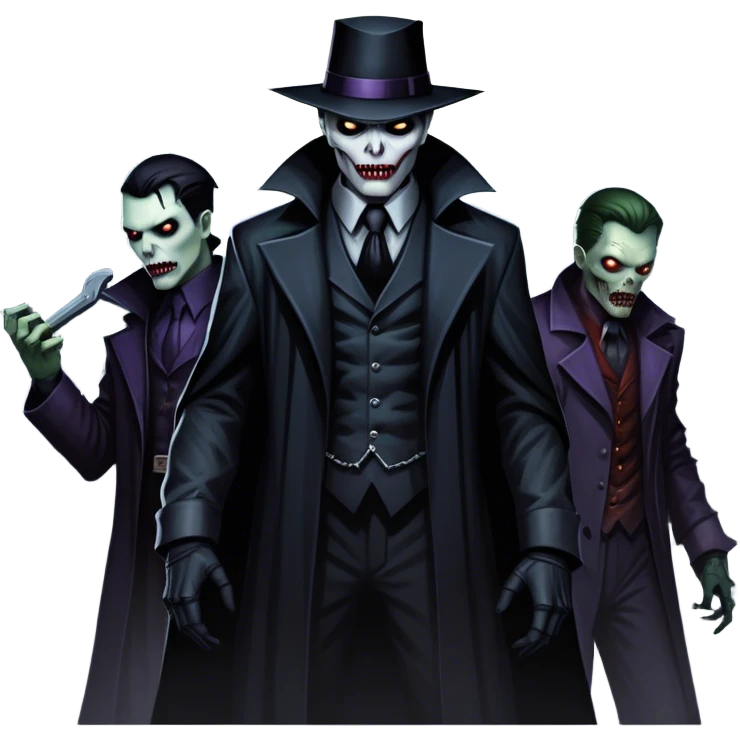 Icon for Thriller Movies: A large, dramatic collage featuring sinister villains and zombies in dark clothing. The background shows the gloomy cityscape of Gotham with dim lighting and eerie shadows. The atmosphere should be tense, mysterious, and suspenseful. Transparent background. emoji