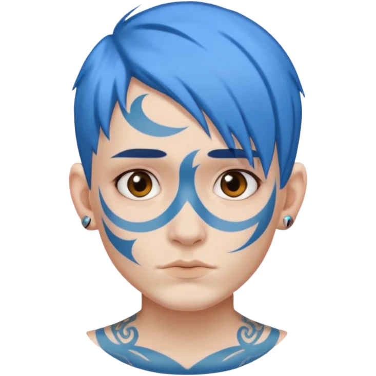 person with blue hair and a face tattoo emoji