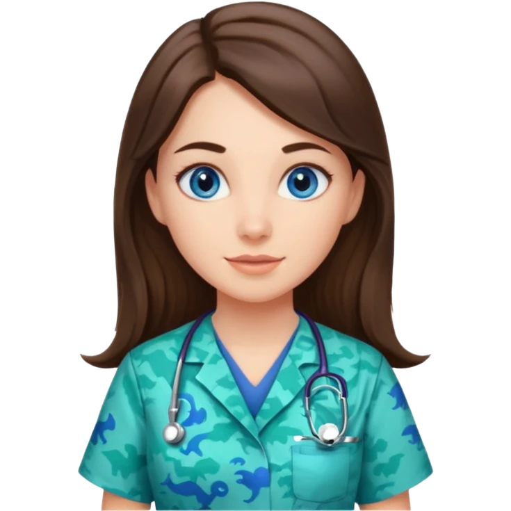 pretty brunette nurse with long hair and blue eyes in dinosaur pattern scrubs emoji