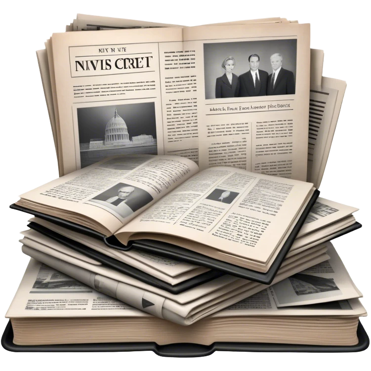 Icon for Non-Fiction & Narrative Reading: an open book with black-and-white photos on the pages, surrounded by a pile of newspaper clippings, and an open folder with top-secret documents. The icon should reflect the blend of real stories and facts in non-fiction literature. Transparent background. emoji