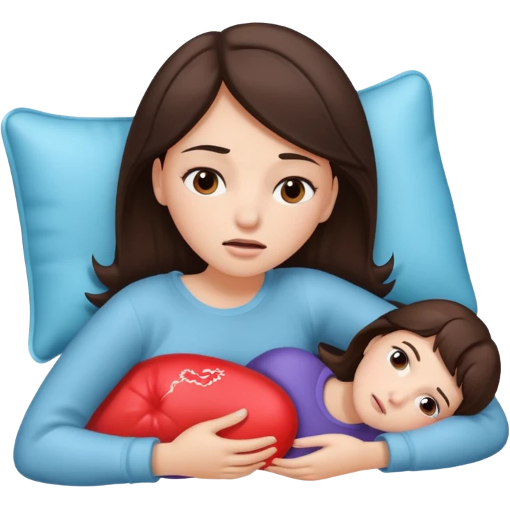 only one brunette girl, with a pain face, lying on her side suffering from menstrual cramps, has a hot water bottle on her stomach. emoji