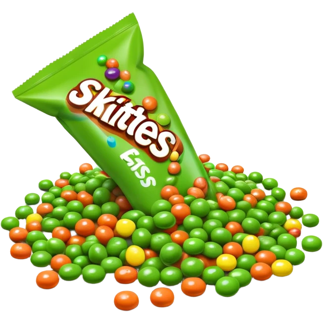 Skittles candy package spilling all green round candies, same package design but only green Skittles emoji