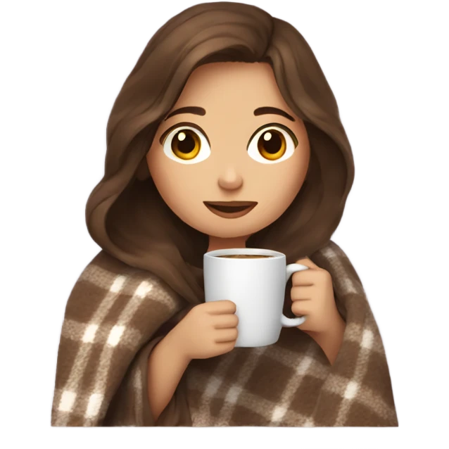 Brown hair Girl drinking coffee, with a cozy blanket emoji