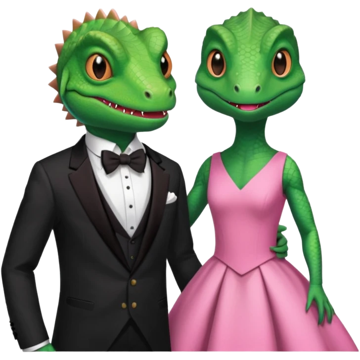 Lizard wears a cute pink dress with her lizard man wears tux emoji
