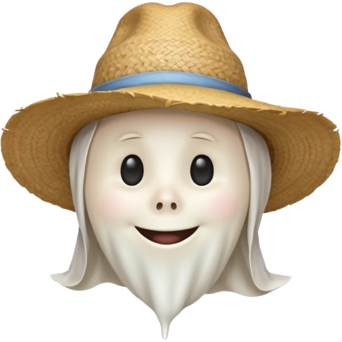 friendly ghost farmer portrait, head and shoulders only, straw hat, soft pale glow, gentle smile, cute cracked texture (not scary), cozy village vibe, warm lighting, 3D cartoon, mobile game icon style, clean background, no text, no watermark
 
 emoji