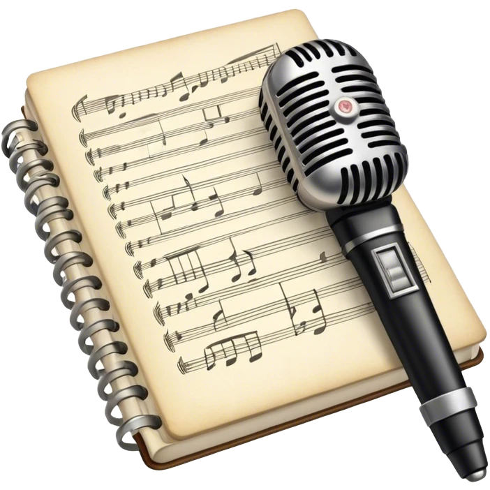 Create an emoji representing songwriting. The design should feature an open notebook or sheet music with visible lyrics between the musical notes, symbolizing the process of writing song lyrics. The text between the notes should be clearly visible. A pen or pencil should be placed near the notebook, indicating active writing. Optionally, include a single vintage microphone lying beside the notebook (not on the music notes) to add a creative touch. Use a harmonious color palette with warm and neutral tones. Do not include any emojis or smiley faces. Make the background transparent. emoji