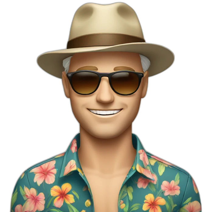 white man smirking wearing hat, sunglasses, floral shirt open emoji
