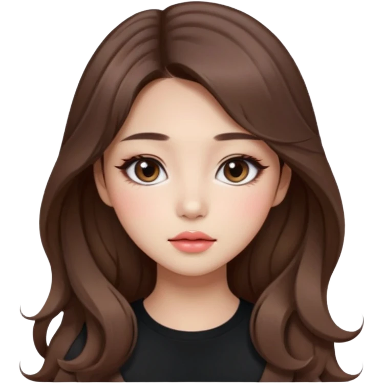 “korean straight brown hair Emoji girl, soft eyeliner and blush, gradient lips, light brown shimmer eyeshadow, long wavy hair,  emoji
