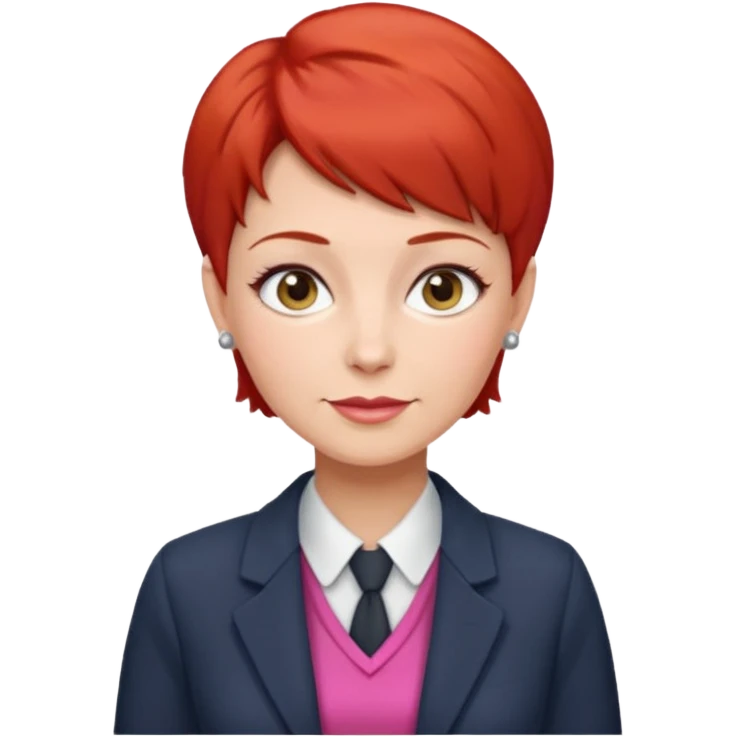 accountant older with red short hair without glasses, modern clothes, girly emoji