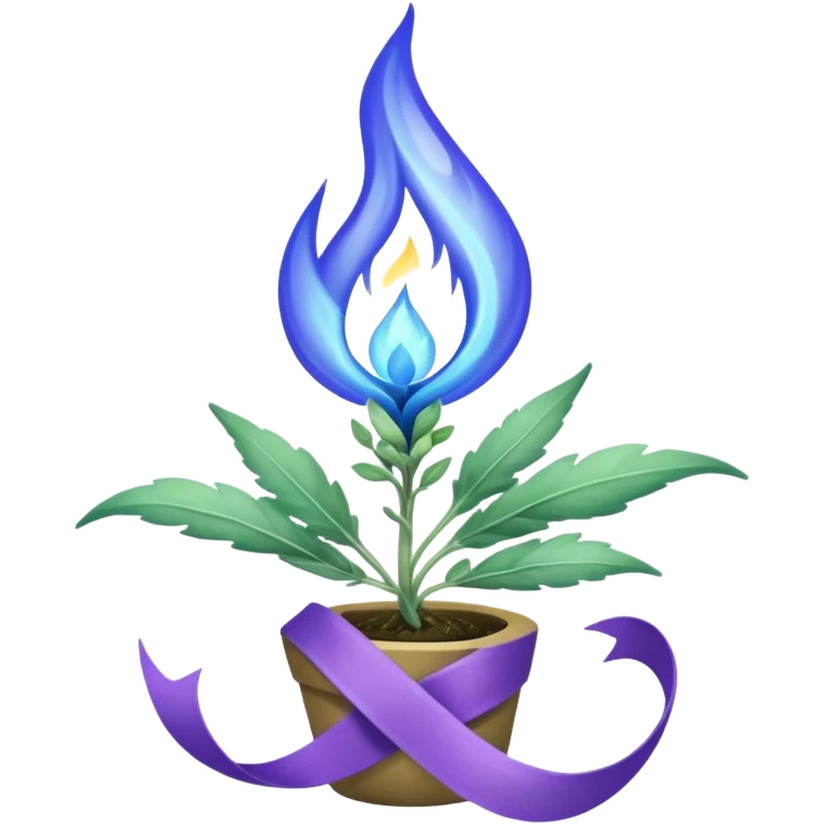 Blue flame enveloping a green sage sprout surrounded by a purple ribbon emoji