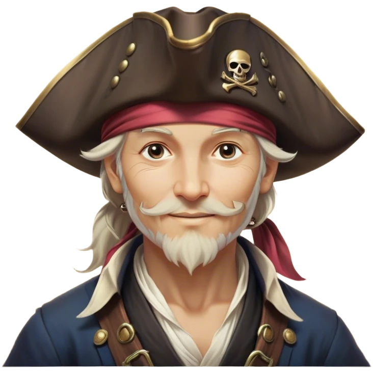 Clash of Clans aesthetic: Beautiful and Majestic Pirate Portrait Emoji, Rendered in serene confidence with a gentle, enigmatic smile and a regal tricorn hat, showcasing a distinguished, weathered build with a timeless bandana and soft, wise eyes in natural skin tone, Simplified yet exquisitely endearing features, highly detailed, glowing with a soft, drowsy maritime light, high shine, calm and heroic, stylized with an air of legendary seafaring elegance, soft glowing outline, capturing the essence of a majestic pirate whose noble spirit inspires epic adventures! emoji