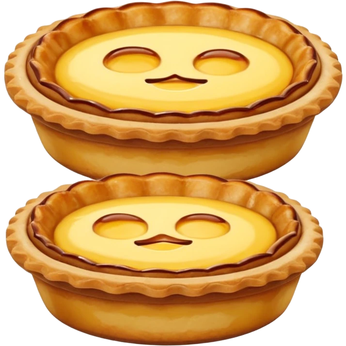 Create an emoji-style illustration of a Portuguese Pastel de Nata. It should be a small, individual custard tart with a flaky, layered puff-pastry crust and a glossy yellow custard center with dark caramelized spots on top. Do NOT make a full pie or slice only a single small tart emoji