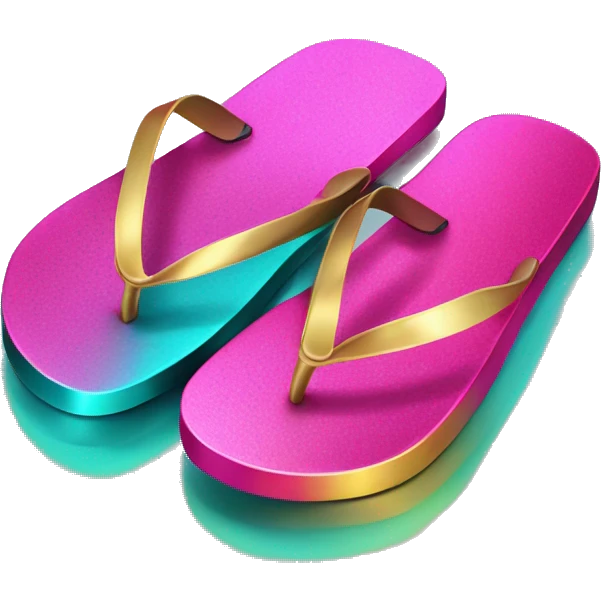 Realistic metallic gold ,hot pink and dark turquoise gradient pair of summer flip flops isolated. emoji