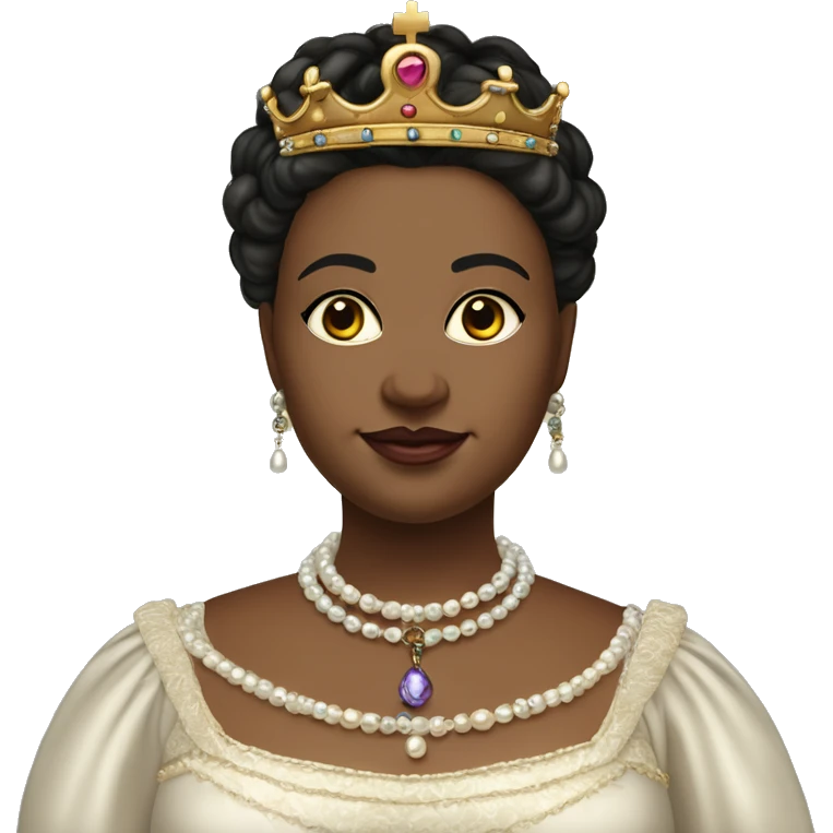 Chubby 35 year old female queen with large breasts. Dark and tied back hair, eyes light-coloured and a bit wide-set. Elizabethan queen's dress and a lot of jewellery such as pearl necklaces, earrings and a crown. She wears an embroidered sash. emoji