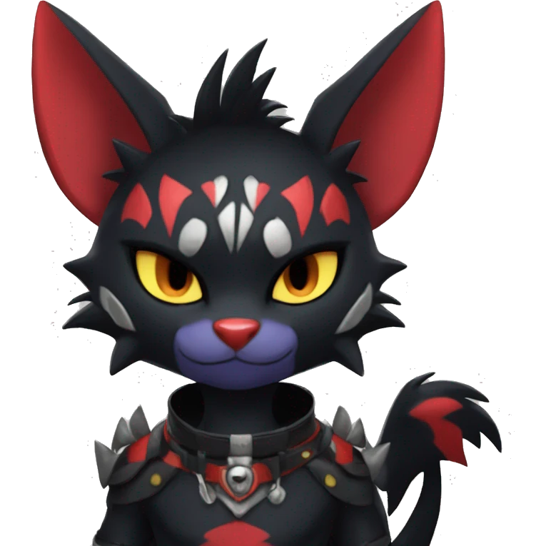 Black Anthro Cool Punk Noibat-Litten-Fakemon-fursona with fangs and red mascara Full Body emoji
