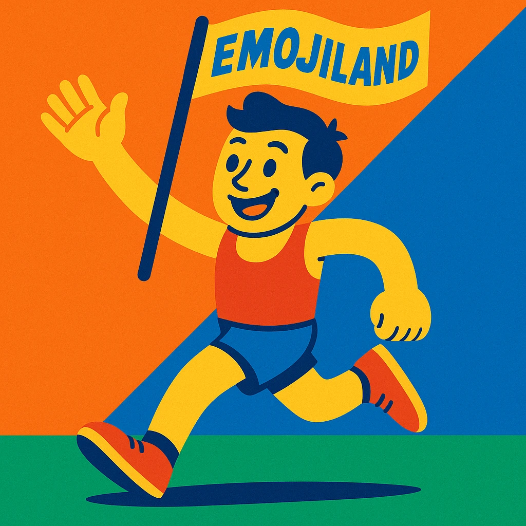 happy runner waving a flag that says 'emojiland' emoji