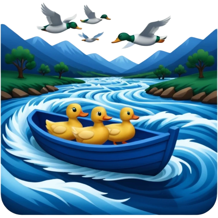 رودخانه ی خروشانی که به آن آفتاب نیتابد و در آن اردک ها و قایقی به رنگ آبی شنا میکنند emoji