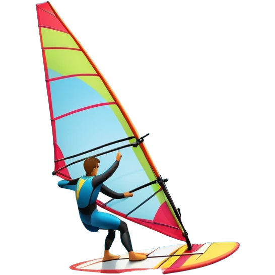 A windsurfer gliding across the ocean, with a vibrant sail catching the wind. The scene captures the motion of the board riding the ocean waves, surrounded by the bright blue sky and ocean, symbolizing the excitement and skill required in the sport of windsurfing. emoji