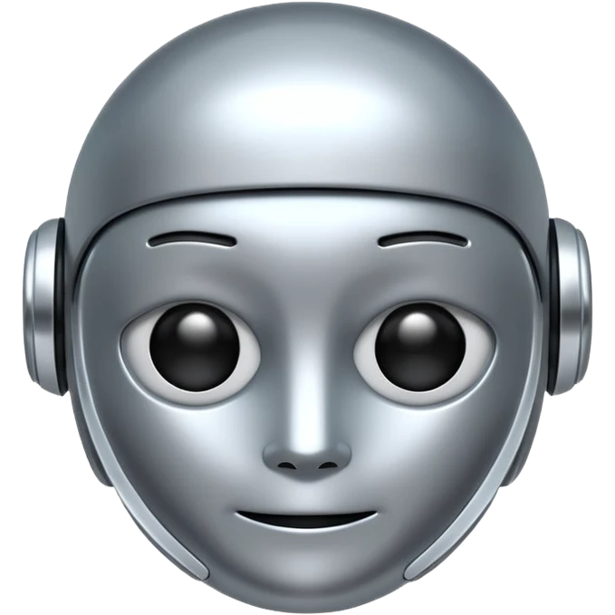A cute futuristic robot emoji made of silver chrome, rounded friendly body, minimal facial features, glossy metallic surface, soft reflections, iOS emoji style, centered, clean white background emoji