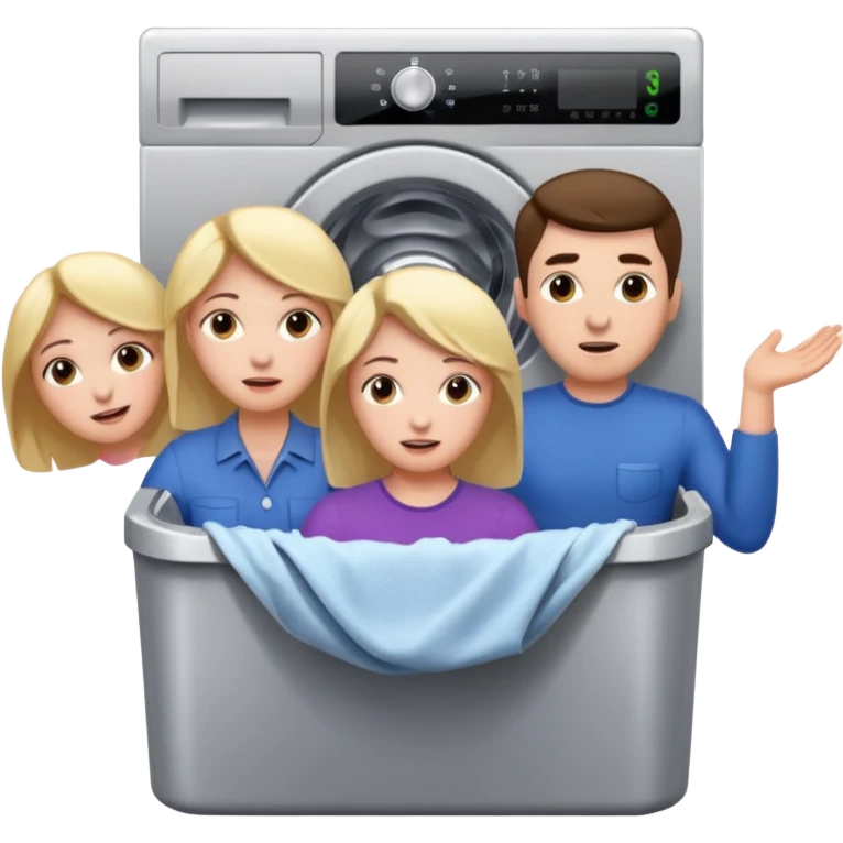 Eine Frau die in der Waschmaschine feststeckt und zwei männer die ihr helfen emoji