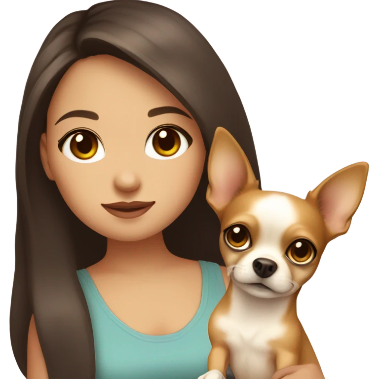 A girl with long brown hair, big brown eyes, big lips wearing a singlet top, she is holding a light yellow coloured chihuahua emoji