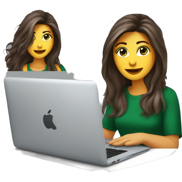 woman; 30's; white skin; dark green eyes; long thick hair parted in the middle; brown hair with gray strands on top; cut in layers shaggy style; wearing a T-shirt; working on a macbook emoji