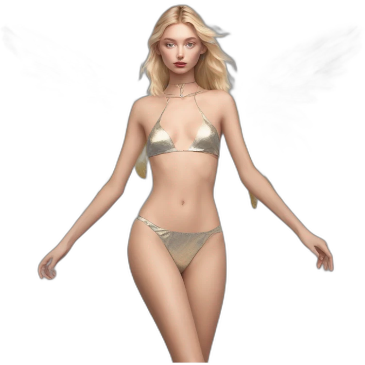 Elsa Hosk, Bare belly, Wings, Choker, Colorless garden, Bathed in shadows, FOV 90 degrees, short lighting, L USM, Cold Colors, gilded technique, taiji, extremely hyper aesthetic, absurdres emoji