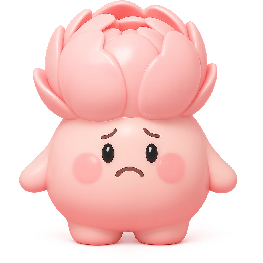 pink peony flower with a round plump body, blushing cheeks, nervous expression, vinyl figure style emoji