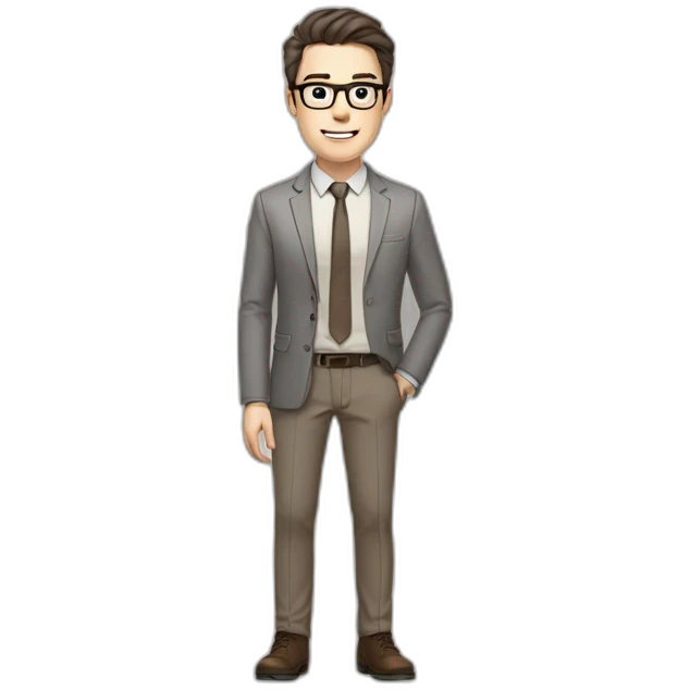 Pale skinned fit man with dark brown hair in gray jacket, beige office shirt, brown tie, brown pants and vintage glasses Writing text on a marker board emoji